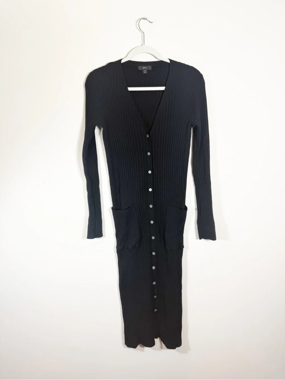 J. Crew Ribbed V Neck Cardigan Midi Sweater Dress Black Small Merino Wool